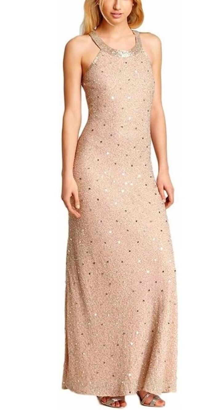 Adrianna Papell Beaded Halter Formal Gown Blush Pink Nude Column Dress Sz 6 NWT